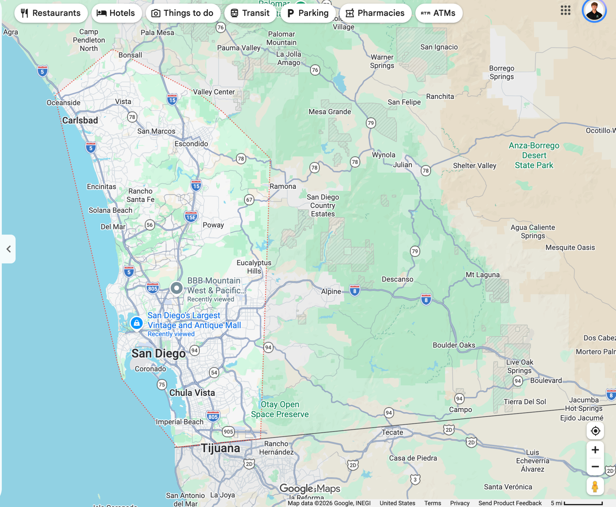 Apple Maps view of MOOSE Window Cleaning's San Diego service area outlined with a red dotted boundary